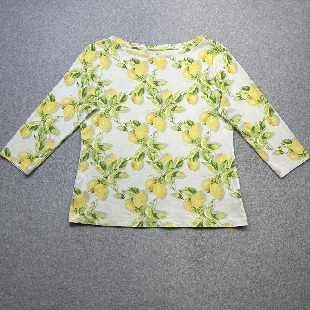 Talbots Tee Shirt Womens Petite Large Lemon Print 3/4 Sleeve Boat Neck Top